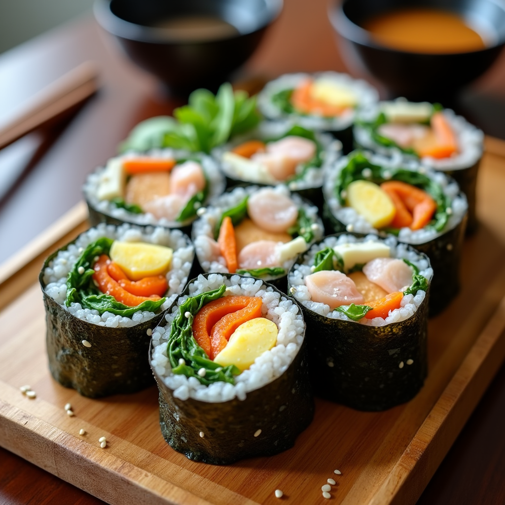 Freshly sliced Korean kimbap rolls showing colorful fillings of carrot, spinach, egg and crab wrapped in seaweed and sesame rice