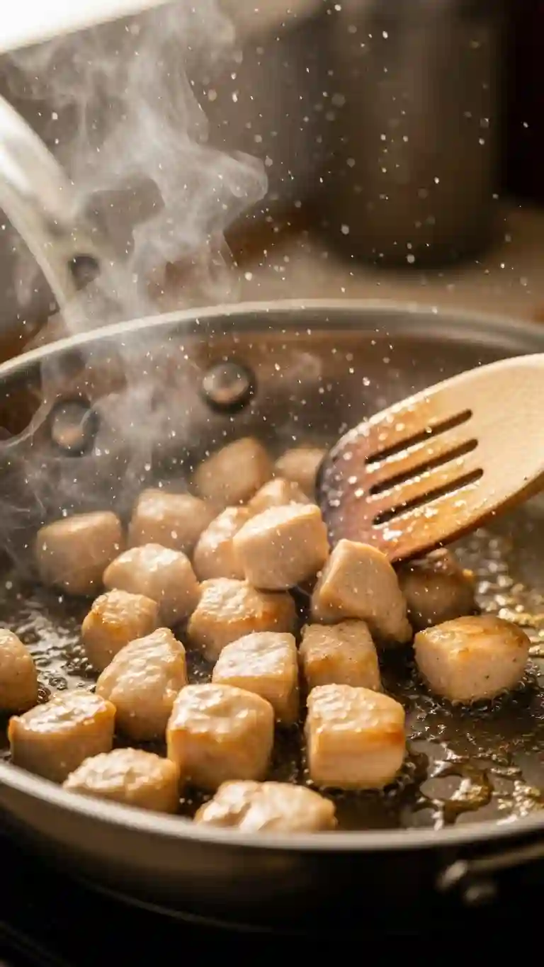 chicken browning in a skillet for easy honey garlic chicken