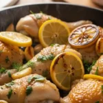 easy lemon garlic chicken cooked in butter in a skillet