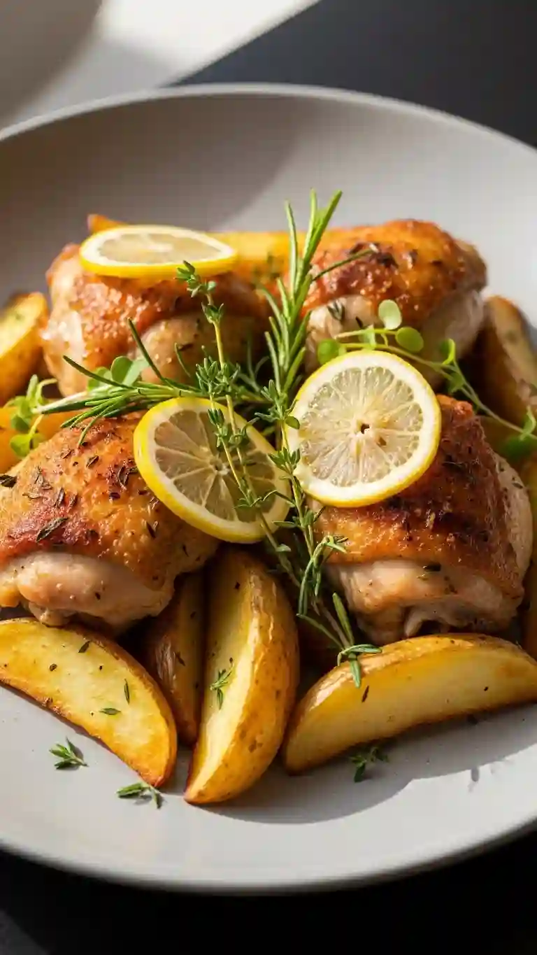 Served easy one-pan chicken and potatoes on a plate