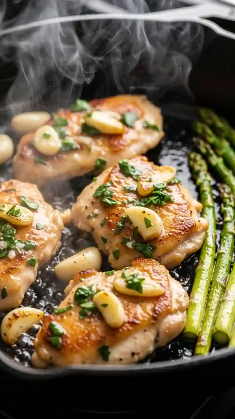 Chicken cooking in garlic butter sauce in a skillet with asparagus