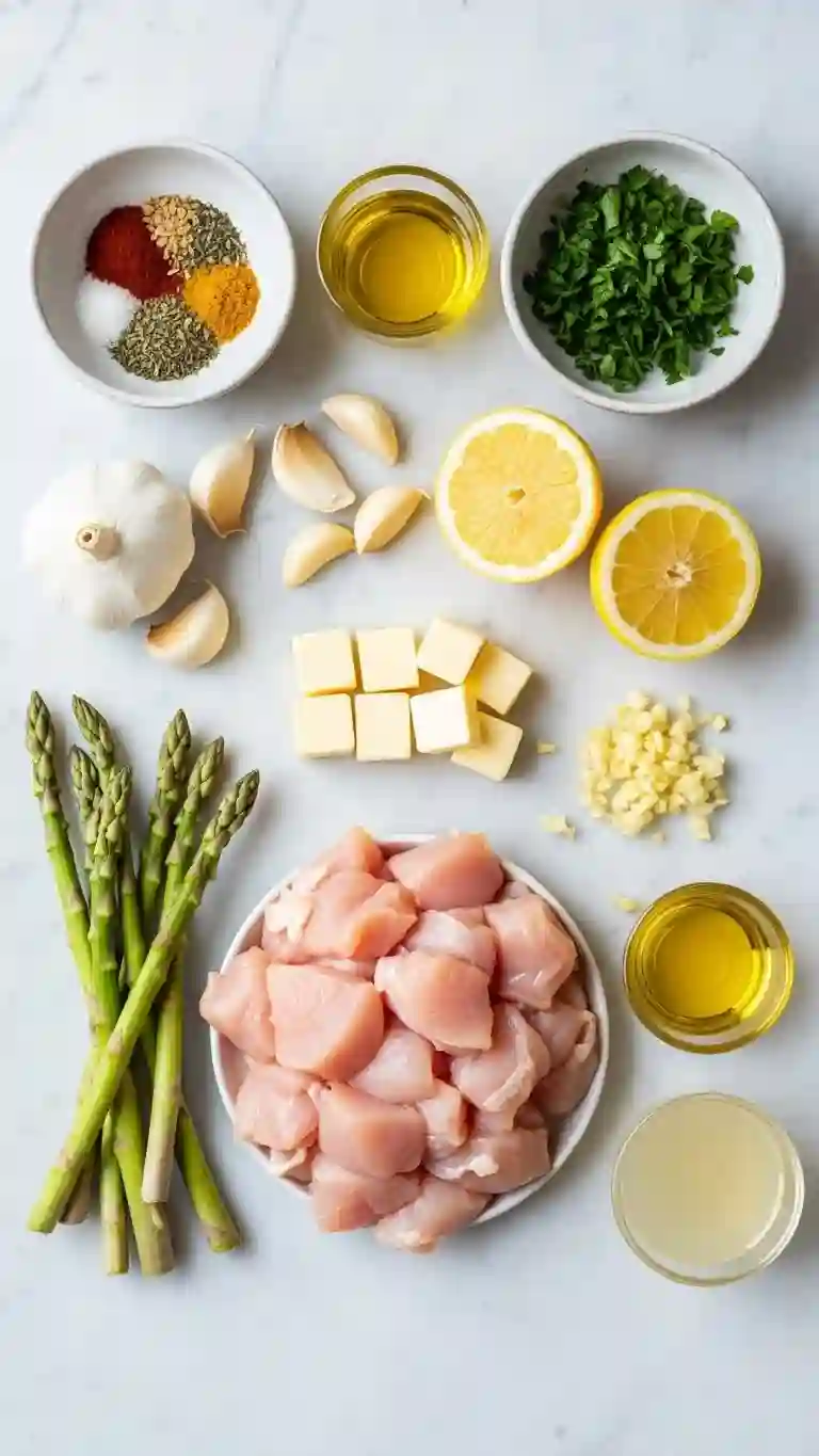 Ingredients for easy one-pan garlic butter chicken arranged on a countertop