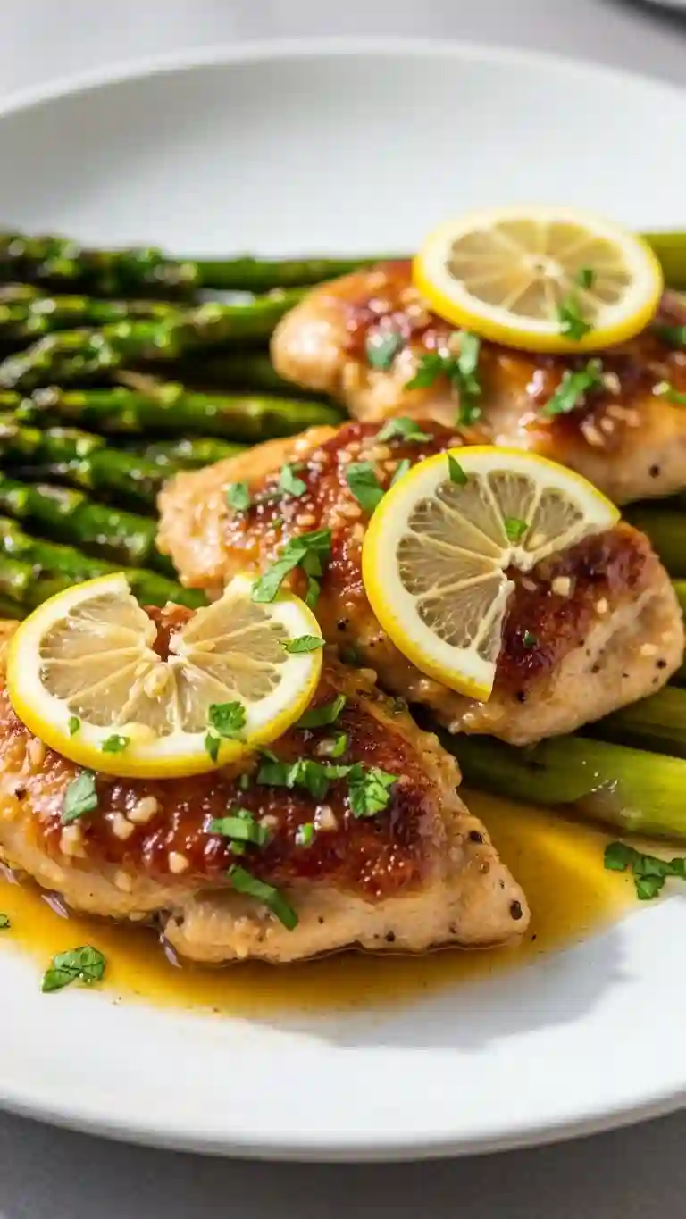 Plated easy one-pan garlic butter chicken with asparagus and lemon