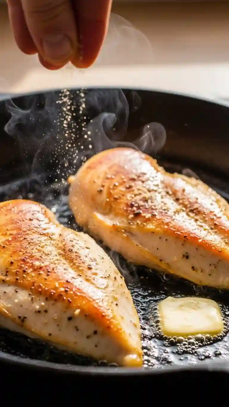 lemon garlic chicken cooking in butter in a skillet